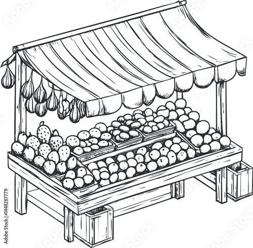 Hand drawn black and white illustration of a wooden fruit stand with a canopy displaying various fruits at a market.