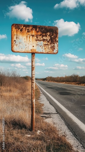 An aged, rusted signpost marking a roadside route.