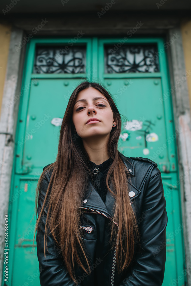 Fototapeta premium Woman Posing in Front of a Green Door