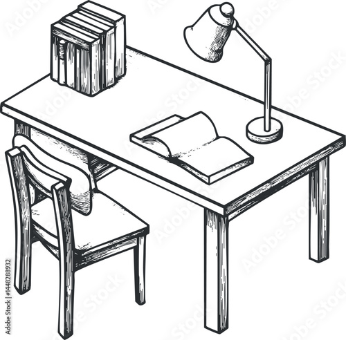 Hand-drawn black and white illustration of a wooden desk with chair, books, open book, and desk lamp for study or work environment