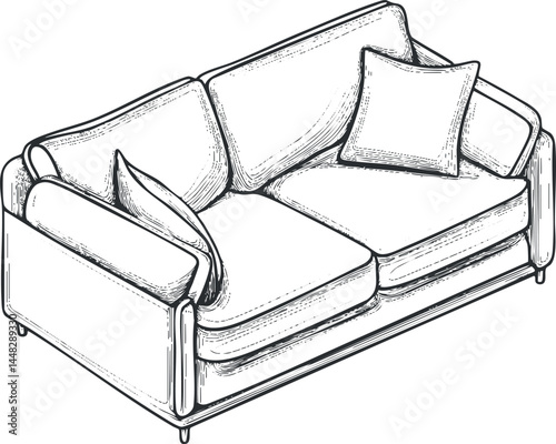 Sketch illustration of a modern sofa with cushions, perfect for living room furniture and home interior design