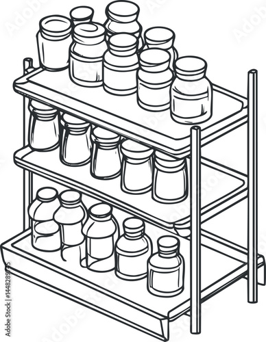 Three-tier shelf rack filled with various empty jars and containers organized in rows for kitchen or pantry storage