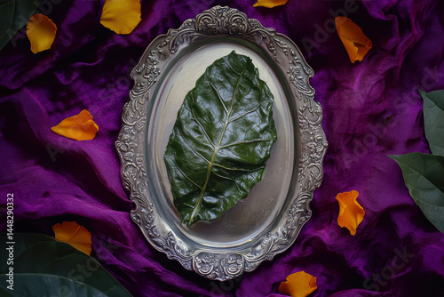 Single Paan Leaf Presented Elegantly on a Silver Platter Surrounded by Colorful Petals