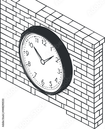 Black and white illustration of a round analog clock mounted on a brick wall showing time at 1:50