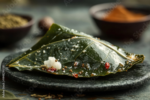 Close-up View of a Single Paan Betel Leaf With Spices Arranged on a Plate