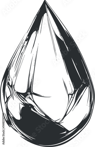 Black and white line art illustration of a shiny faceted diamond gemstone with clear cuts and reflections