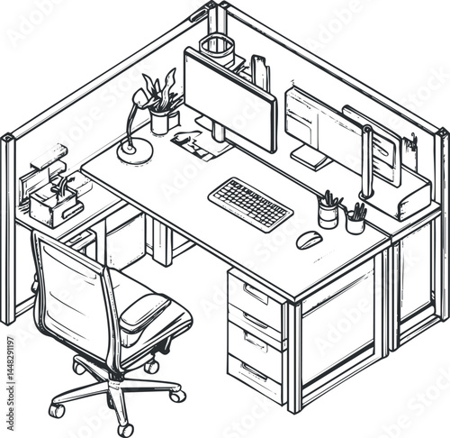 Isometric black and white line sketch of a modern office workspace with desk, chair, computer, and accessories