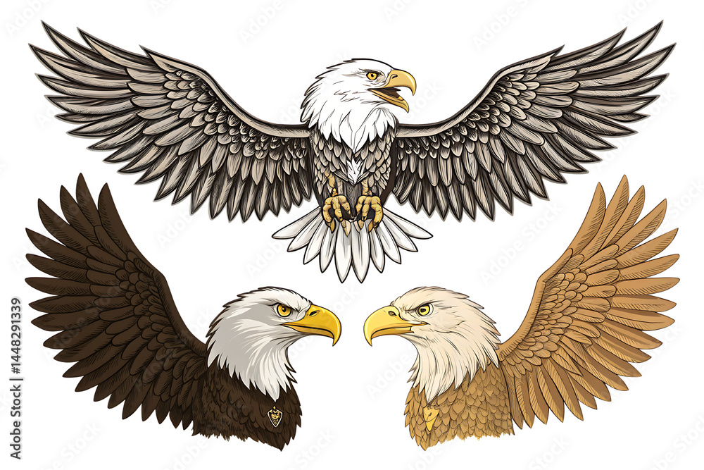 Obraz premium Stylized Eagle Illustration Set – Dynamic Poses, Feather Detail, and Artistic Wildlife Design