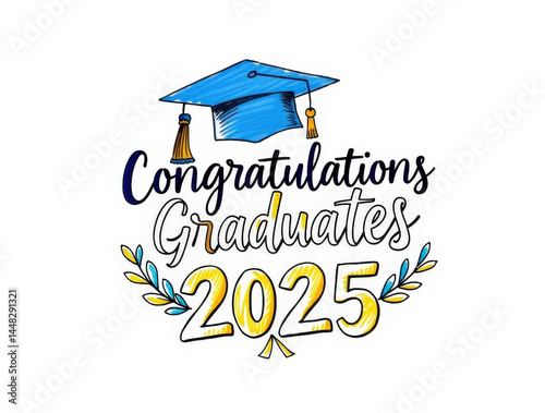 A stylized academic cap, diploma, and laurel wreath with blue and gold, featuring large hand-lettered “Congratulations Graduates 2025” on a clean vector background.

