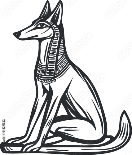 Black and white illustration of an ancient Egyptian jackal god statue with traditional headpiece and ornament.