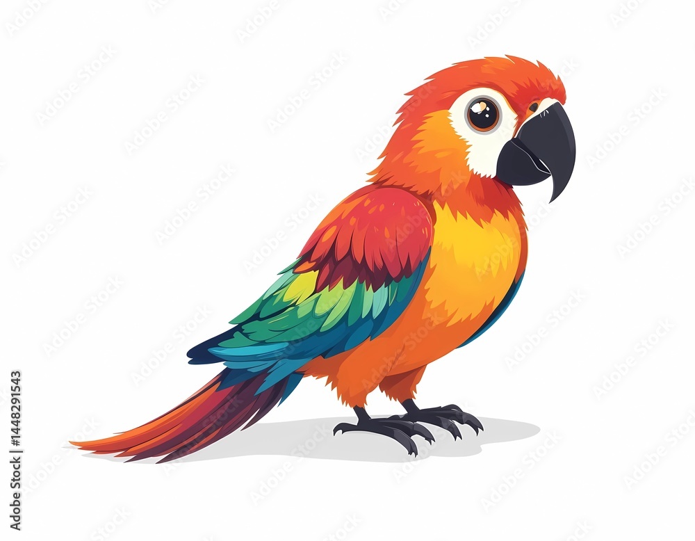 Cartoon parrot in flat design, colorful feathers, Cartoon parrot in flat design, colorful feathers,