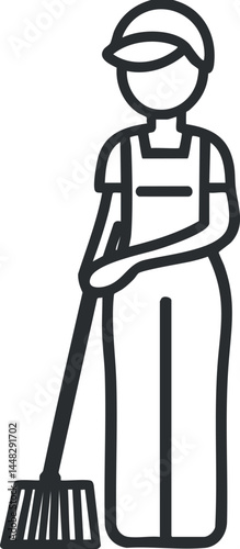 Line drawing of a gardener wearing a hat and uniform holding a rake for outdoor yard work
