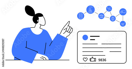 Woman pointing at a digital growth timeline connecting icons for industry, logistics, and communication while viewing a social media post. Ideal for social media, technology, business, marketing