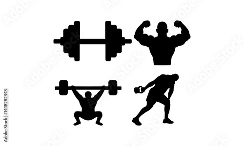 Fitness Workout Icons Set — Dumbbell, Bodybuilder Pose, Barbell Squat, Kettlebell Exercise Silhouette