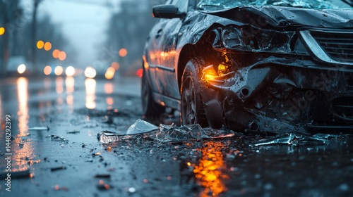 Close-up of a damaged car bumper with shattered glass on a wet road, depicting a car accident scene. Concept of vehicle collision, road safety, and emergency situations