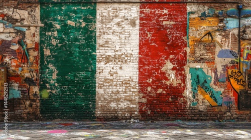 Urban brick wall adorned with graffiti and Italian flag colors.