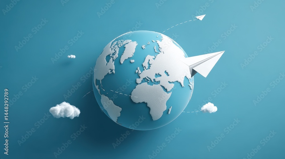 Fototapeta premium Paper Airplane Soaring Around a Miniature Globe Representing Global Travel and Exploration