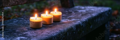 Three candles on a grave. Memorial at gravesite in the evening.