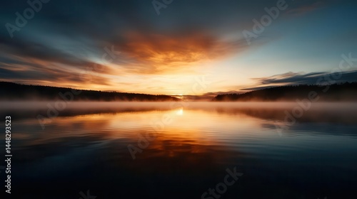 Misty lake at sunrise, breathtaking sky with majestic golden clouds drifting above