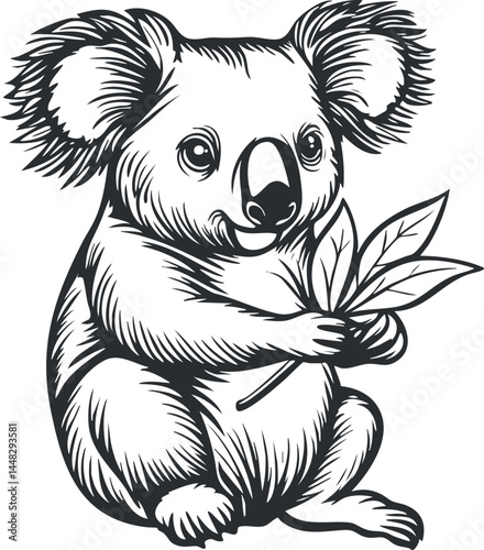 Black and white line art illustration of a cute koala holding eucalyptus leaves sitting down
