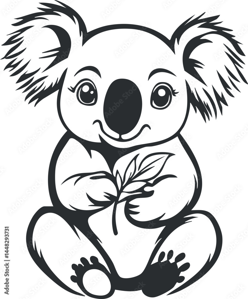 Obraz premium Cute black and white cartoon illustration of a koala holding a leaf sitting facing forward