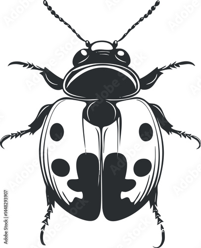 Black and white vector illustration of a ladybug beetle with detailed antennae and spotted wings