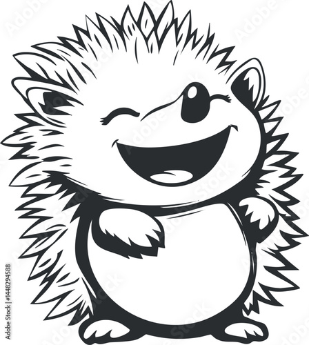 Cute cartoon hedgehog with spiky fur smiling and winking in black and white vector style