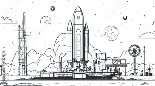 Black and white illustration of a rocket on a launchpad with mountains and planets in the background, symbolizing space exploration and technology.