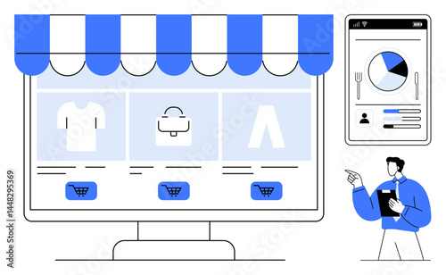 Computer screen displaying online store items under striped awning. Business manager holding tablet studying e-commerce analytics. Ideal for shopping, retail, marketing, e-commerce, business growth