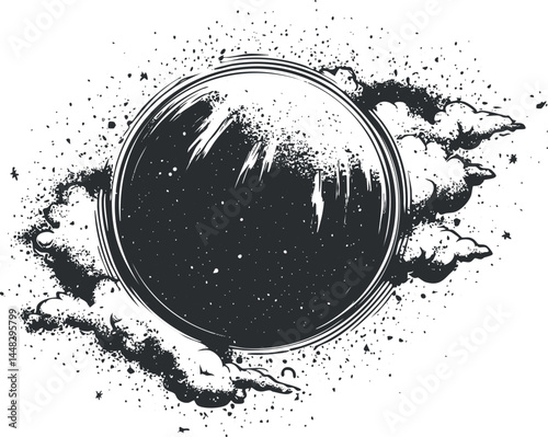 Monochrome illustration of a dark planet surrounded by clouds and stars in outer space