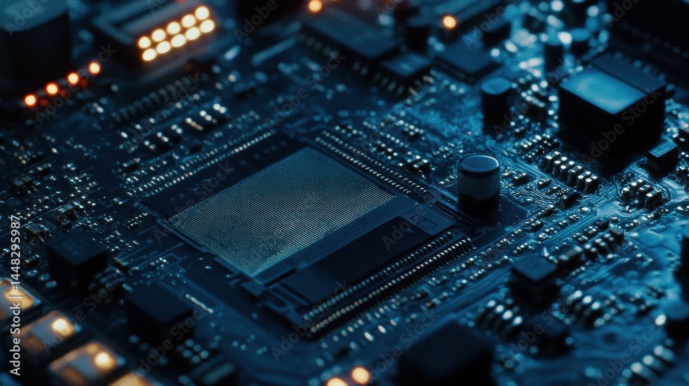Close-Up View of Technology Circuit Board with Microchips and Traces Close-Up View of Technology Circuit Board with Microchips and Traces
