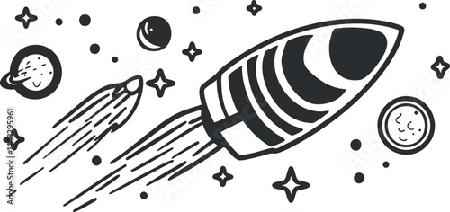 Black and white illustration of rockets flying through space among planets and stars