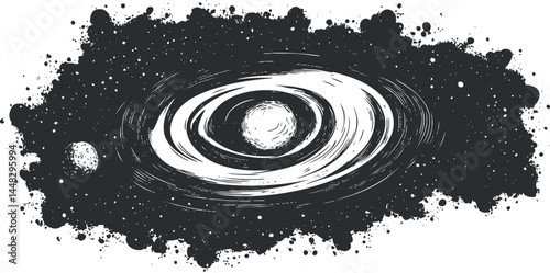 Abstract black and white artistic drawing of a planetary system with swirling orbits and celestial bodies
