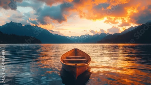 Majestic storm clouds parting at sunrise, breathtaking lake glowing with golden reflections photo