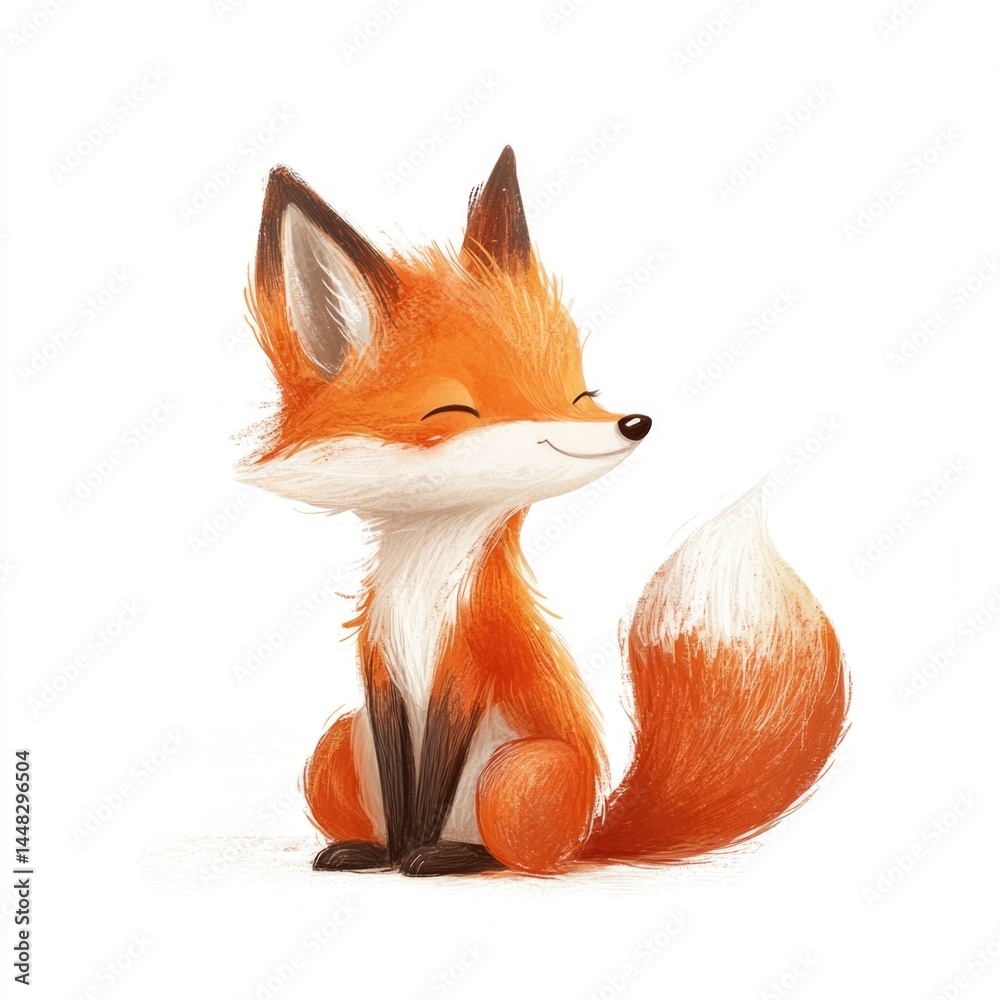 Fototapeta premium Adorable Cartoon Fox Sitting, Happy Expression, Orange Fur, White Background