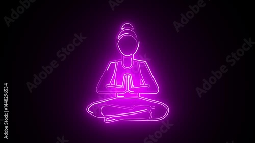 Glowing neon line yoga in a gym icon animation on black background, doing yoga, meditation, meditation gym icon animation concept.