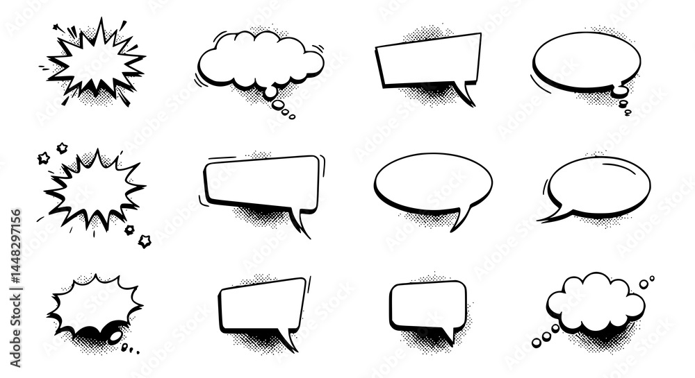 Obraz premium 12 Hand-Drawn Comic Speech Bubbles Dialog Boxes & Thought Clouds