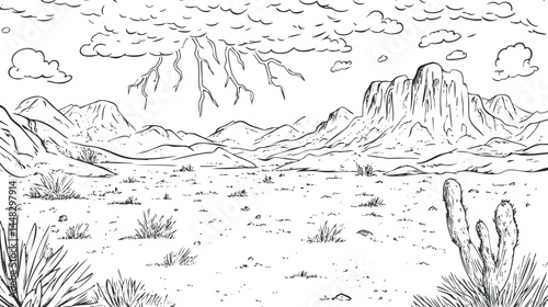 Black and white sketch of a desert landscape with mountains, cactuses, lightning storm and clouds