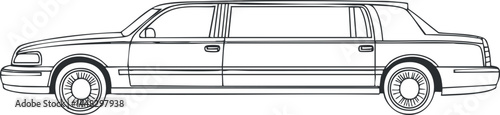 Black and white outline illustration of a luxury limousine car side view showing detailed doors and wheels