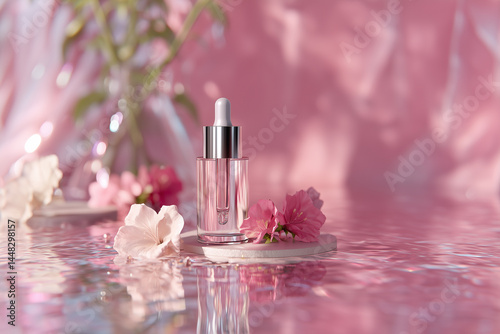 Jar of serum on podium on mirror water pink background surrounded by pink flowers. Care cosmetics. 