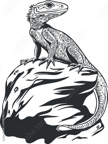 Black and white illustration of a lizard perched on a rock showing detailed scales and claws