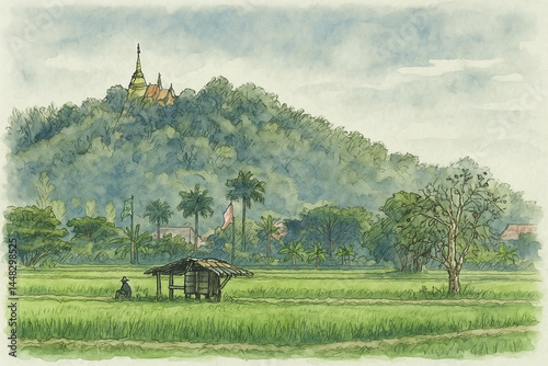 Watercolor painting of rice fields and mountains in Chiang Mai, Thailand.