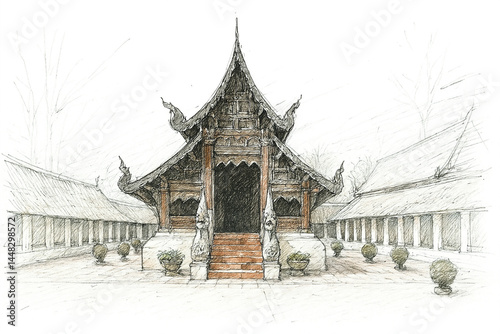 Watercolor painting of Wat Ton Kwen (Wat Intharawat) an ancient temple in Chiang Mai, Thailand.