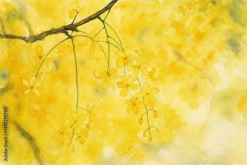 Watercolor painting of yellow flowers (Cassia fistula) in summer in Thailand.