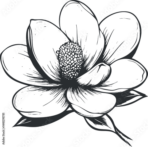 Black and white outline illustration of a magnolia flower with detailed petals and leaves, isolated on white background