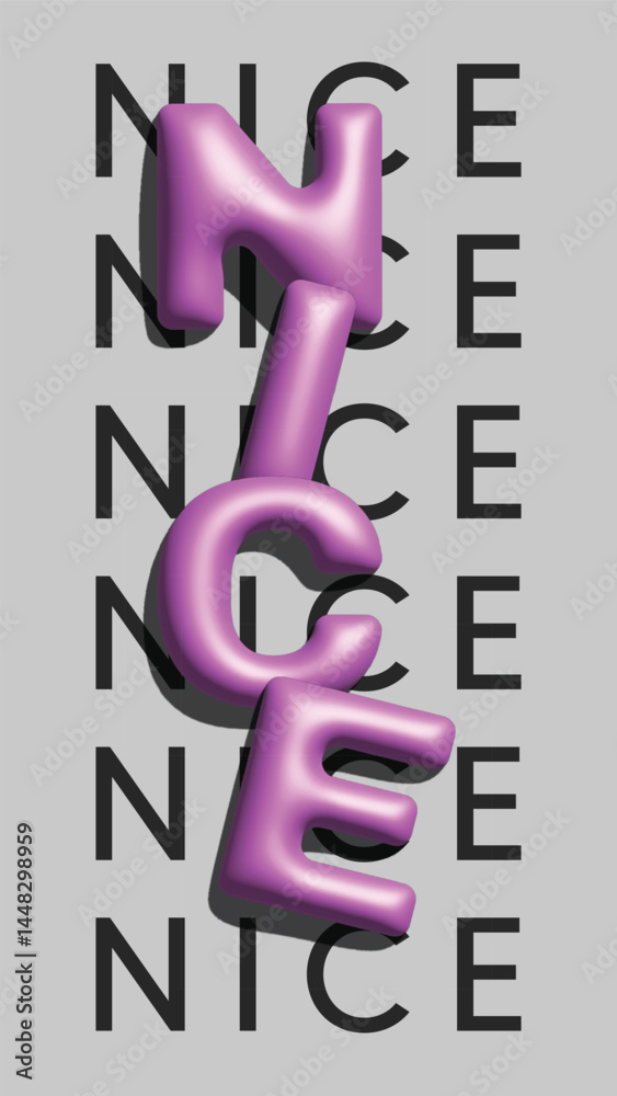 3D Pink Glossy Text Design with Repeated NICE Typography on Gray Background