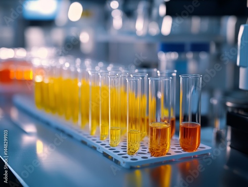 A row of test tubes with yellow liquid in them. The tubes are lined up on a table