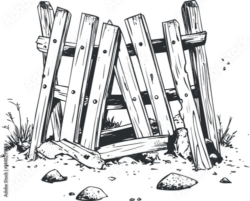 Black and white illustration of an old rustic broken wooden fence gate with rocks and grass around it isolated on white background