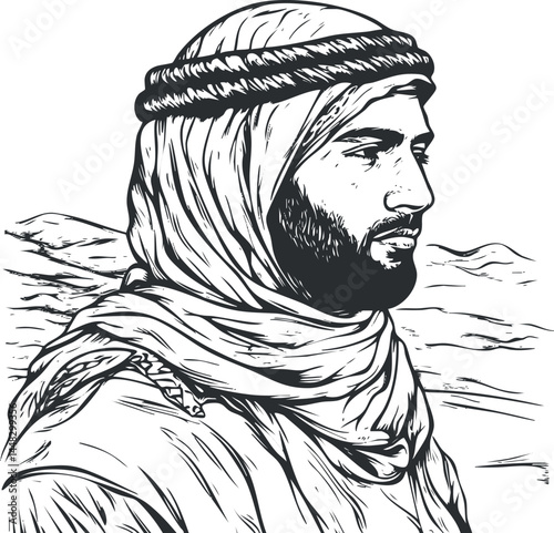 Black and white detailed sketch of a Middle Eastern man wearing traditional headscarf in desert setting