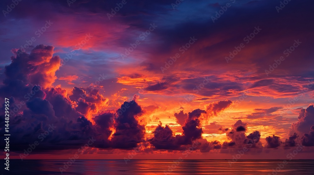 Obraz premium Beautiful sunset in the clouds over the sea Red orange blue purple abstract background Day and night Idyllic Vacation Colorful sky Copy space Design Web banner Wide Long Panoramic Cove : Generative AI
